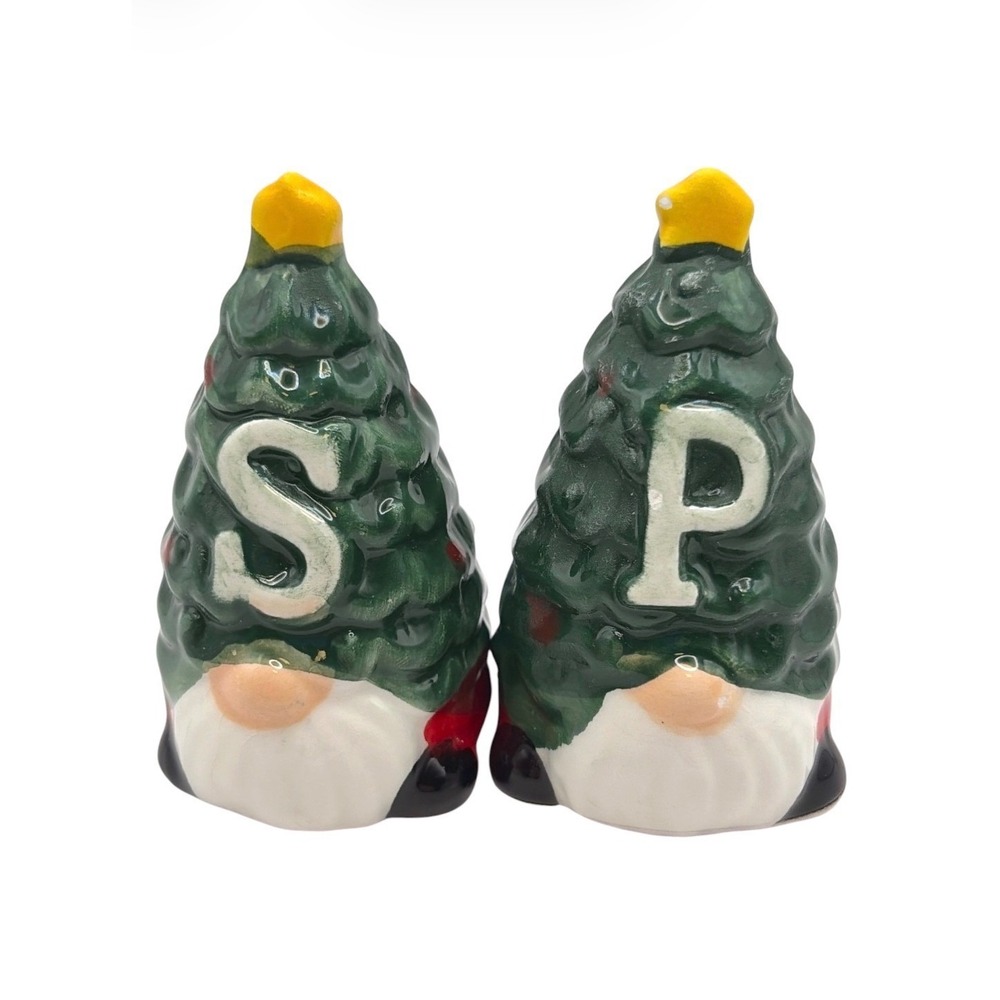 Gnome Christmas Tree Salt & Pepper Shakers Set Ceramic Christmas Kitchen Decor
